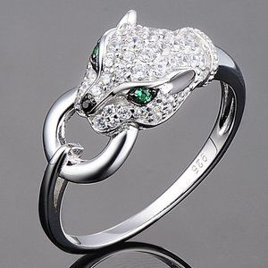 NEW 925 Silver Emerald Diamond Panther Cat Ring